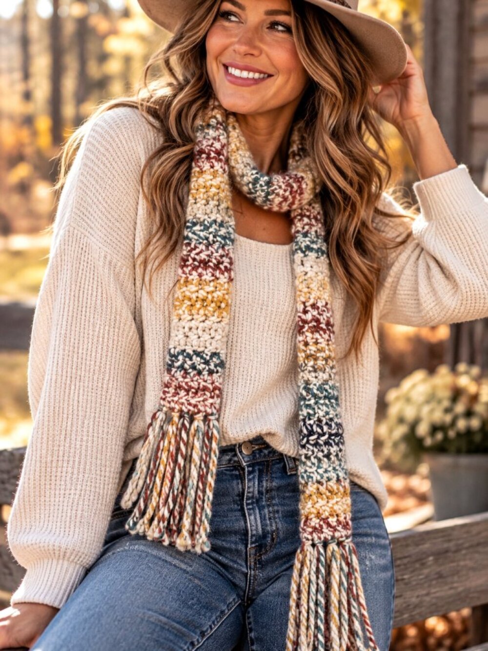 Handmade Chunky Crochet Fringe Scarf OS Mustard Turquoise Rust Cream